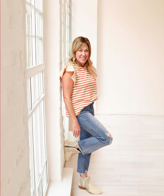 Striped round neck top w/ solid ruffle sleeves