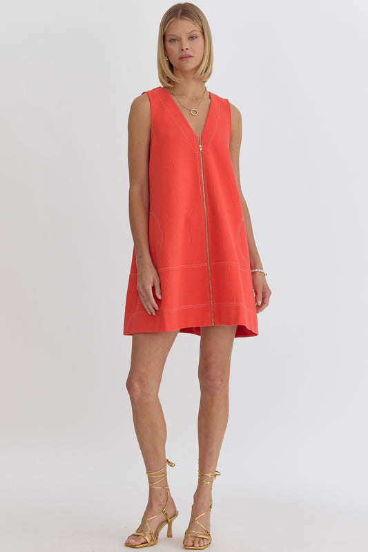 Solid V Neck Sleeveless Mini Dress w/ Front Zipper