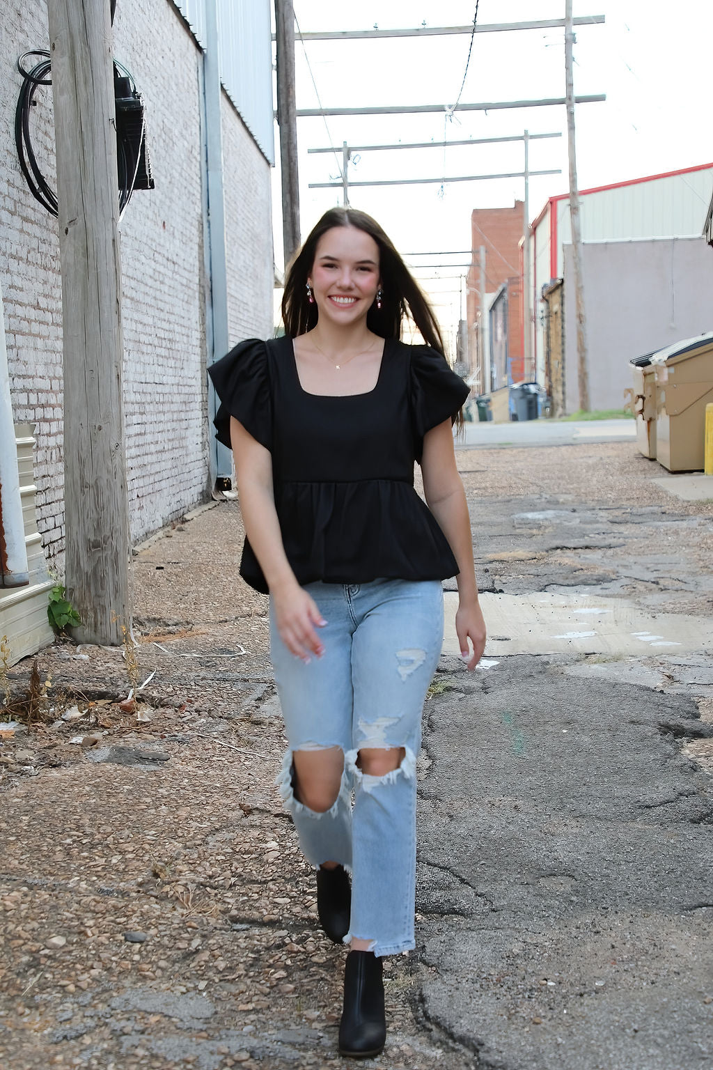 Textured Solid Square Neck Peplum Top w/ Ruffle Sleeves