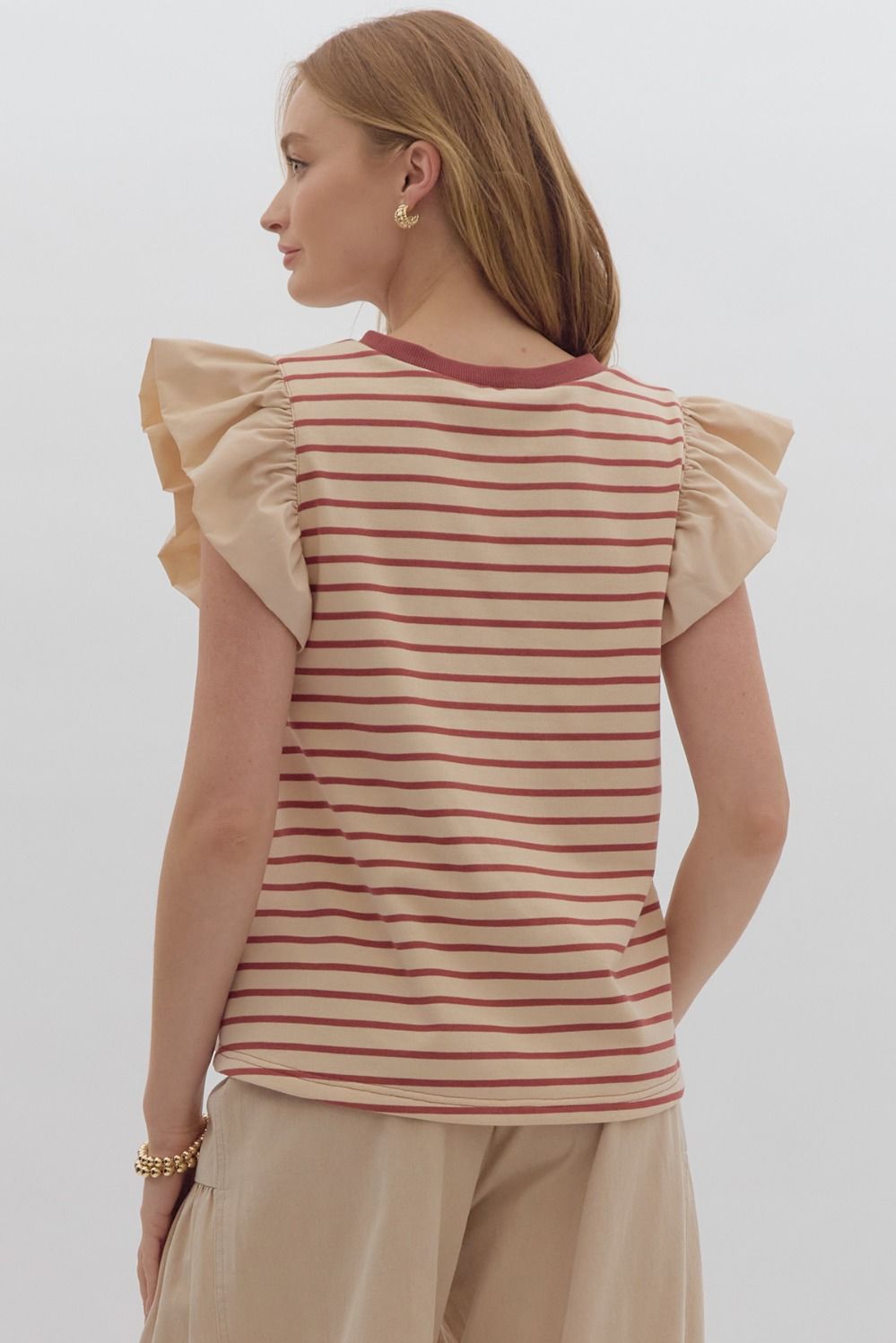 Striped round neck top w/ solid ruffle sleeves