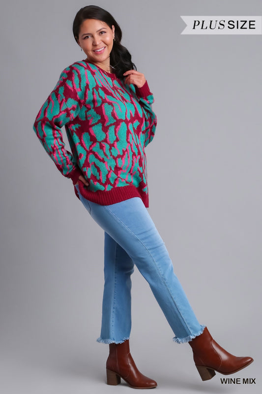 Print Boatneck Long Sleeve Pullover Sweater w/ Ribbed Hem