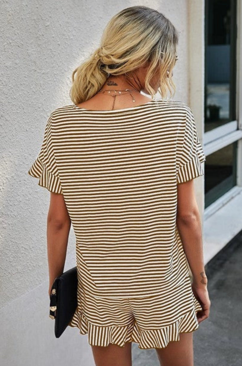 Khaki Round Neck Striped Top Short Set