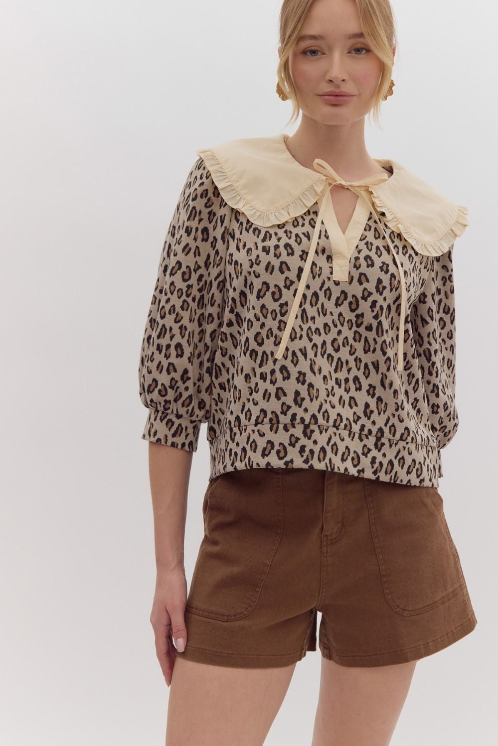 Leopard Print V Neck 3/4 Sleeve Crop Sweater w/ Collar