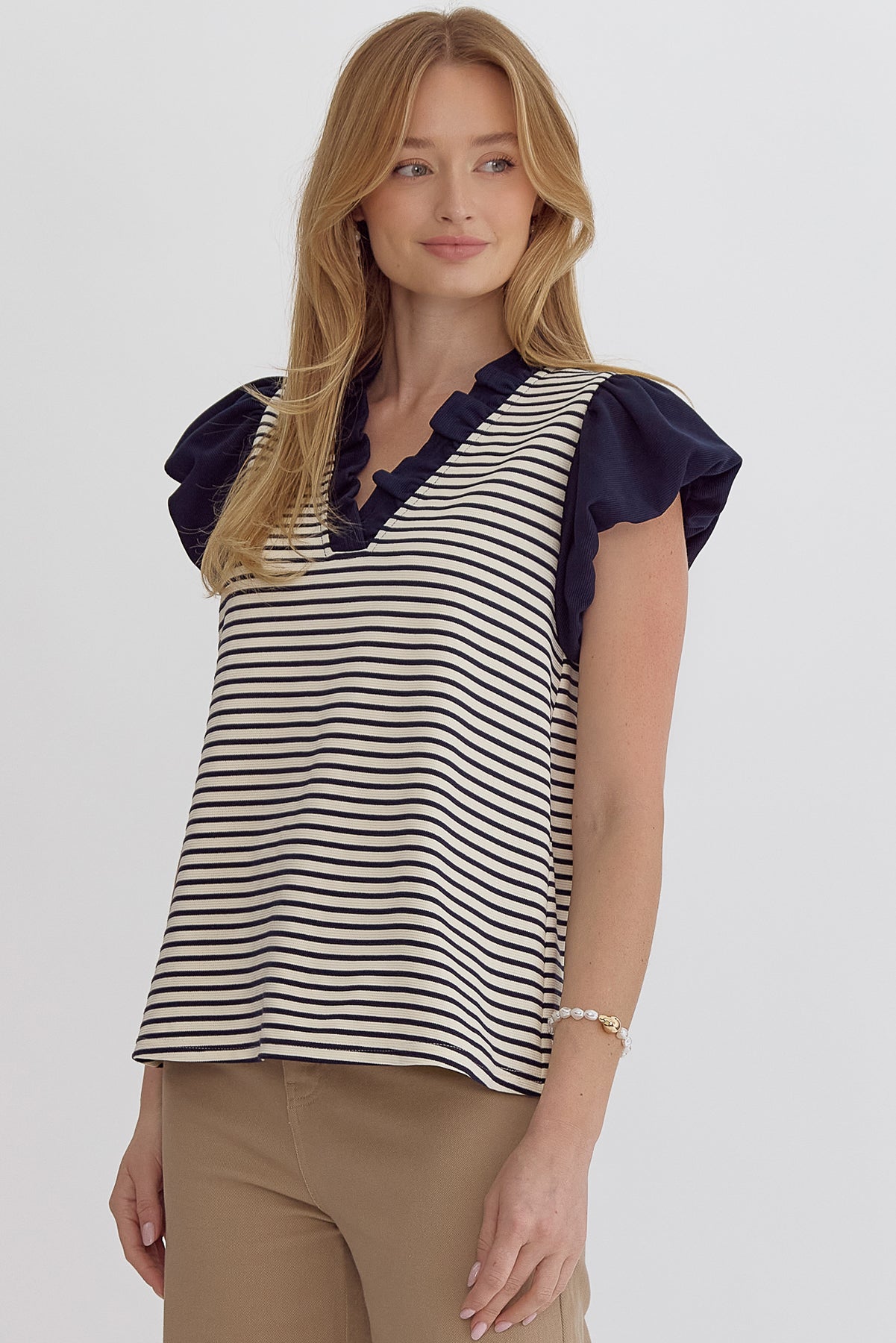 Striped Ruffle Sleeve Cap Sleeve Top