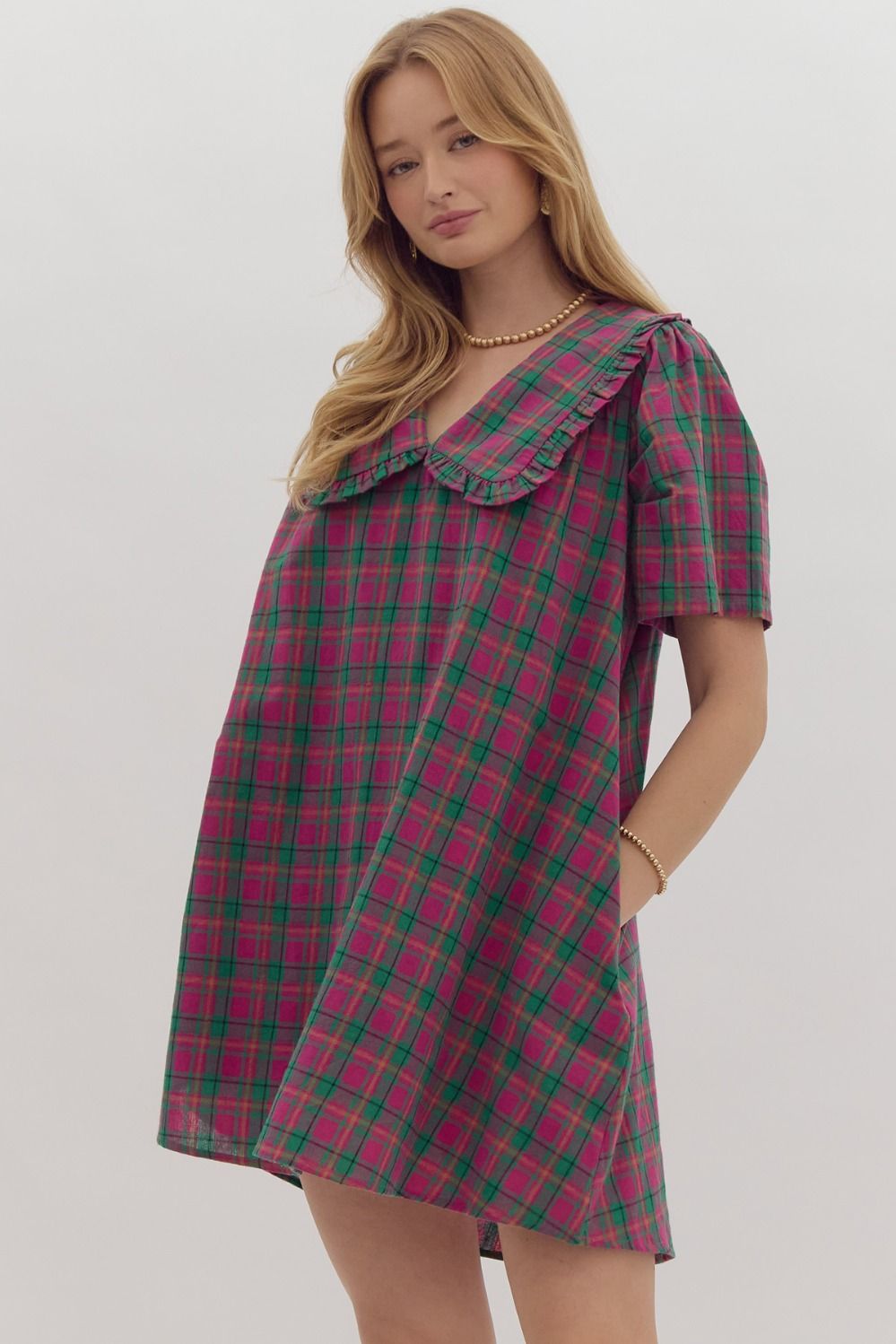 Plaid Print Short Sleeve V-Neck Mini Dress w/ Peter Pan Collar