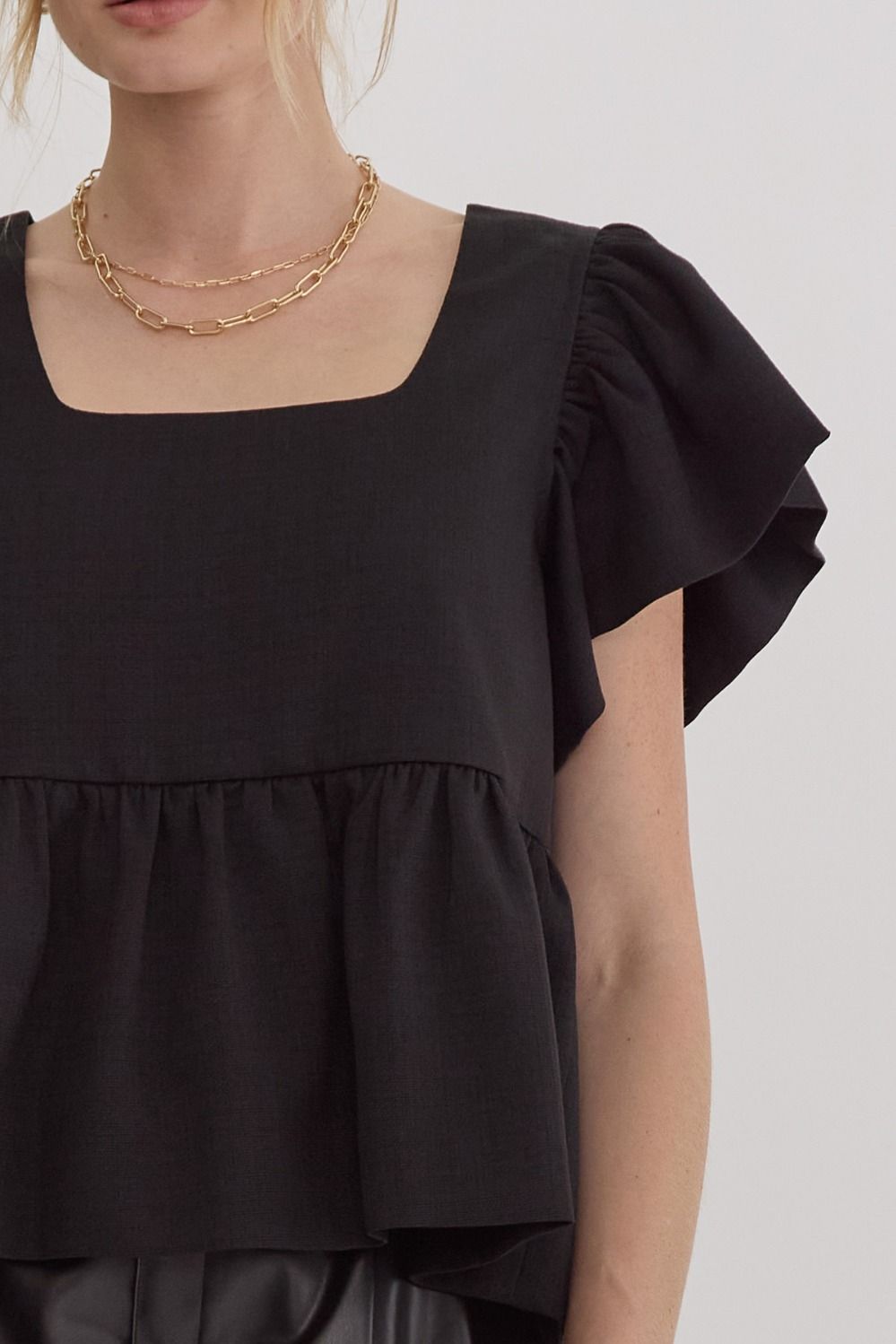 Textured Solid Square Neck Peplum Top w/ Ruffle Sleeves