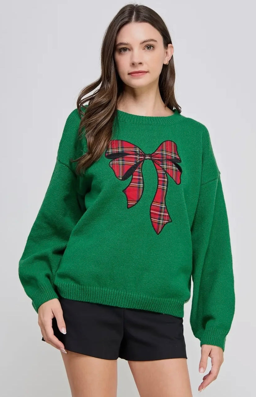 Holiday Bow Plaid Patch Sweater