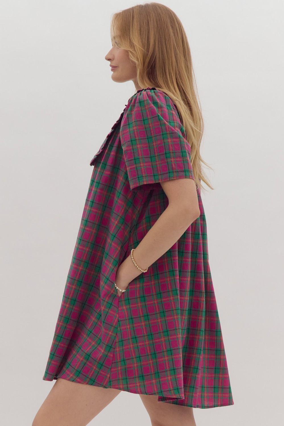 Plaid Print Short Sleeve V-Neck Mini Dress w/ Peter Pan Collar