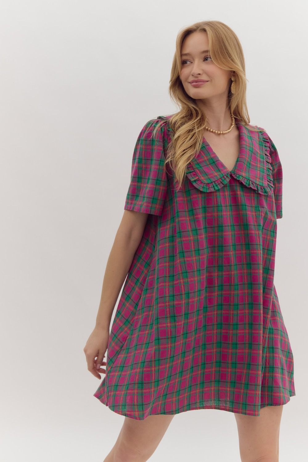 Plaid Print Short Sleeve V-Neck Mini Dress w/ Peter Pan Collar