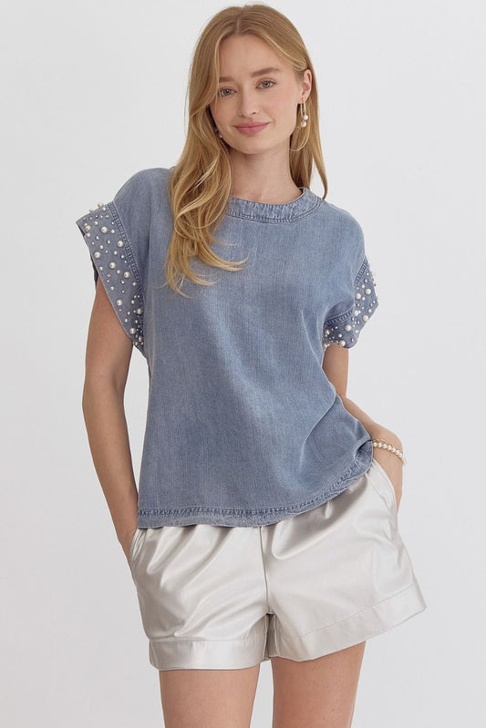 Denim Round Neck Short Sleeve Top w/ Pearl Detail at Cuff