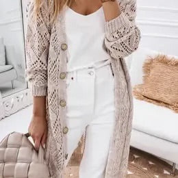 Khaki Hollow-Out Openwork Knit Cardigan