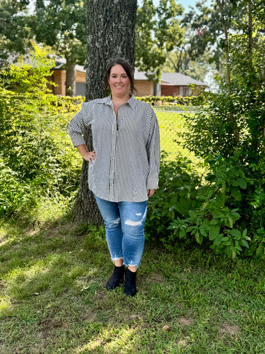 Stripe Collared Button Up Long Sleeve Oversized Top w/ Hi-Low Hem