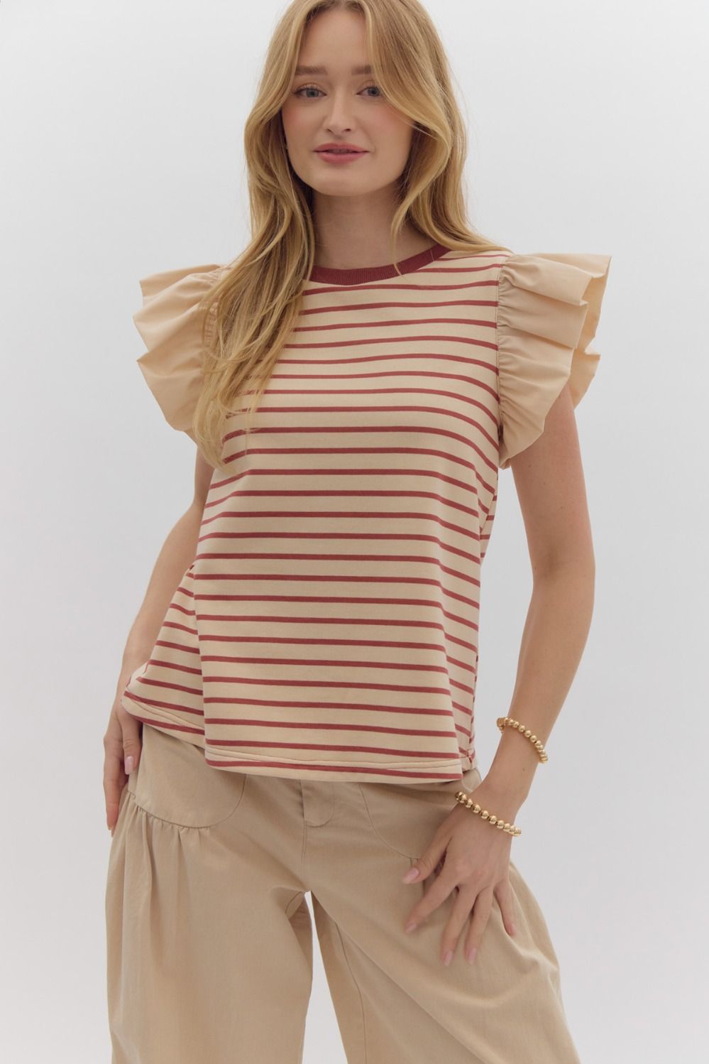 Striped round neck top w/ solid ruffle sleeves