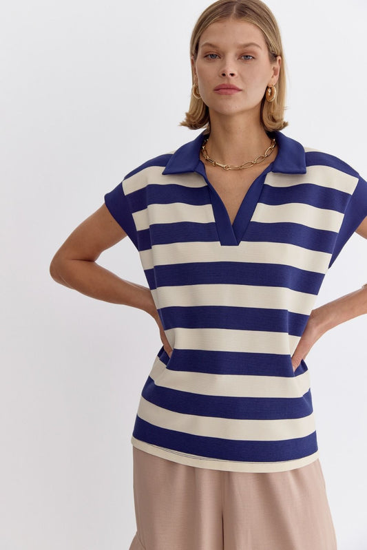 Navy striped collared cap sleeve v neck w/ slit at sides