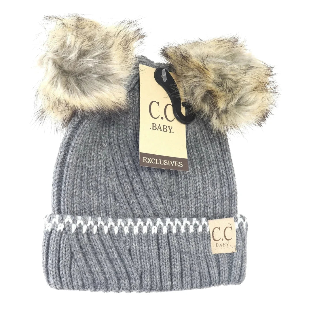 C.C Beanie Baby Solid Knit Double Fur Pom