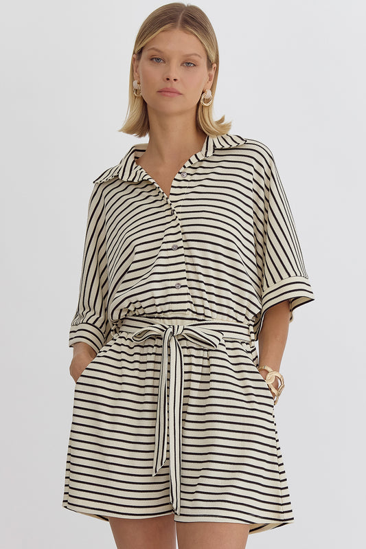 Textured Stripe Print Button Down Collared Half Sleeve Romper