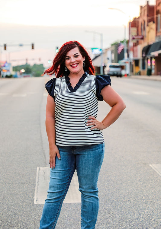 Striped Ruffle Sleeve Cap Sleeve Top