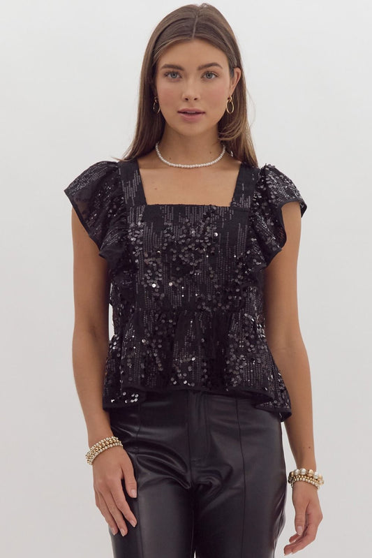 Sequin Ruffle sleeve square neck crop top w/ self tie at back