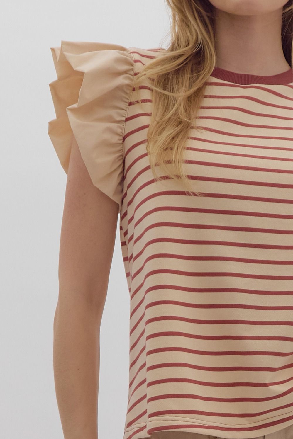 Striped round neck top w/ solid ruffle sleeves