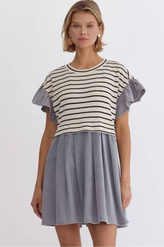 Stripe Flutter Sleeve Twofer Denim Mini Dress w/ Pleated Skirt & Pockets