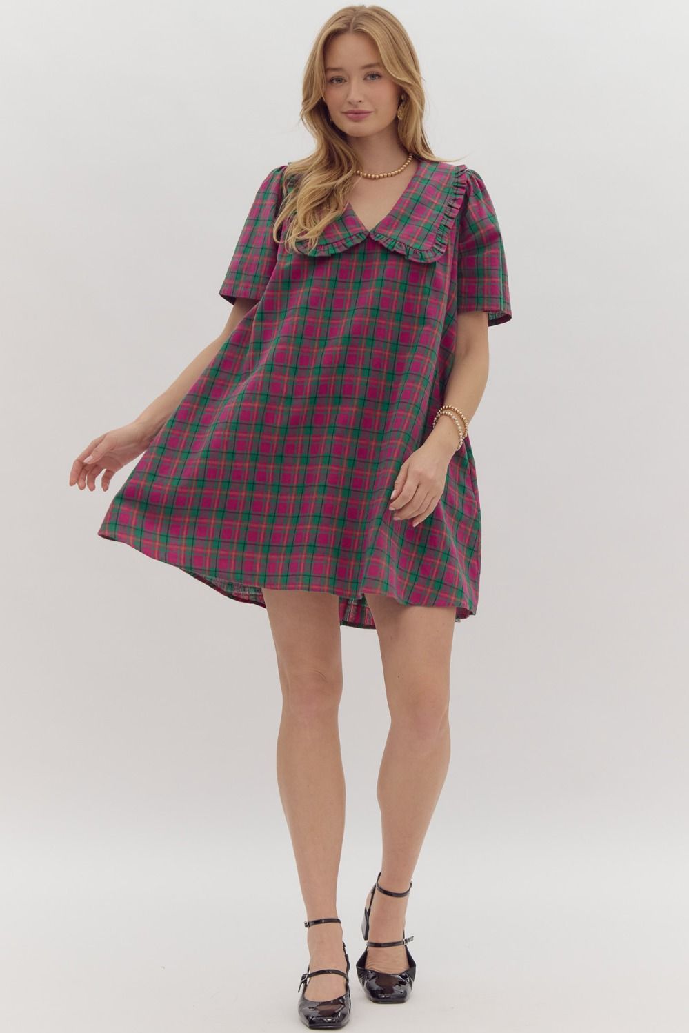 Plaid Print Short Sleeve V-Neck Mini Dress w/ Peter Pan Collar