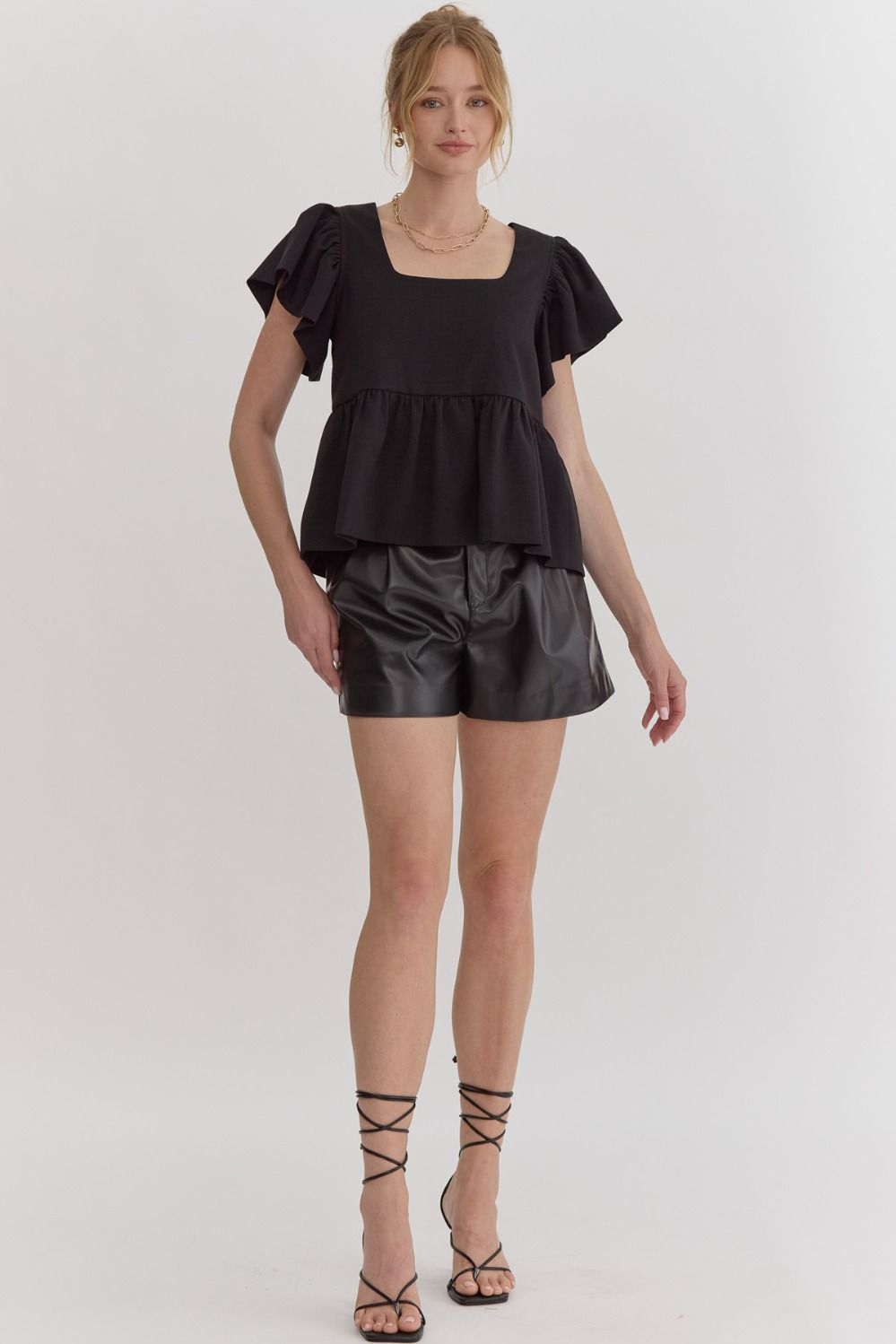 Textured Solid Square Neck Peplum Top w/ Ruffle Sleeves