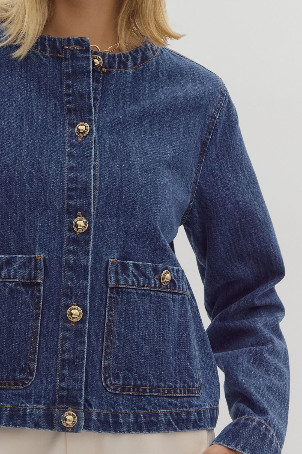 Denim long sleeve button up jacket w/ pockets at front gold button detail