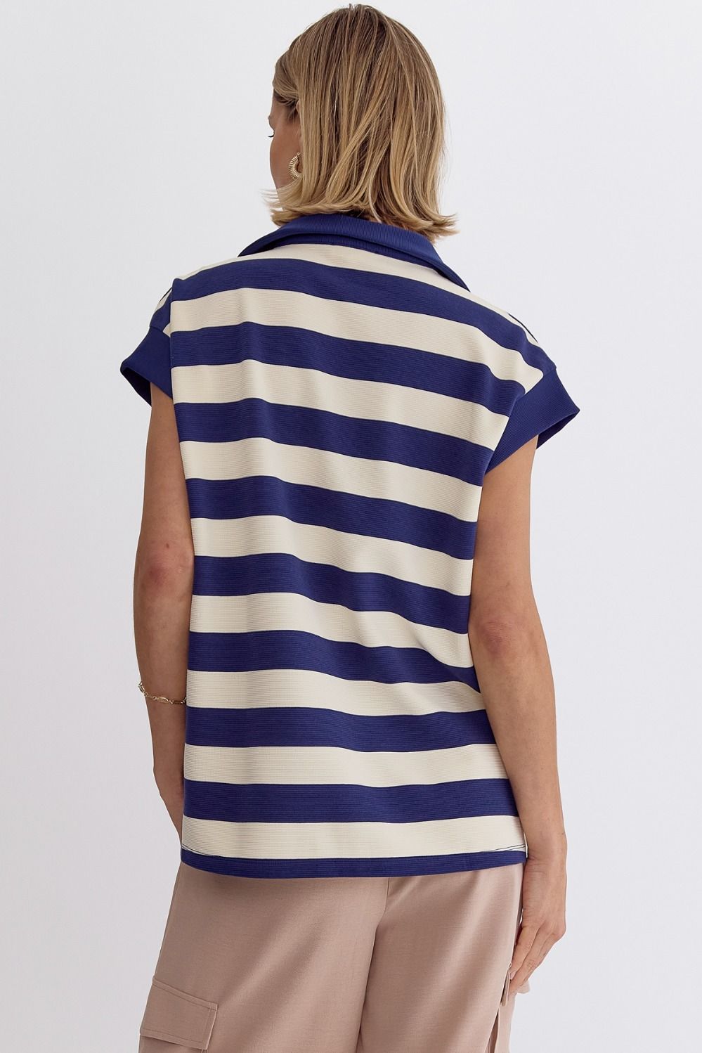 Navy striped collared cap sleeve v neck w/ slit at sides