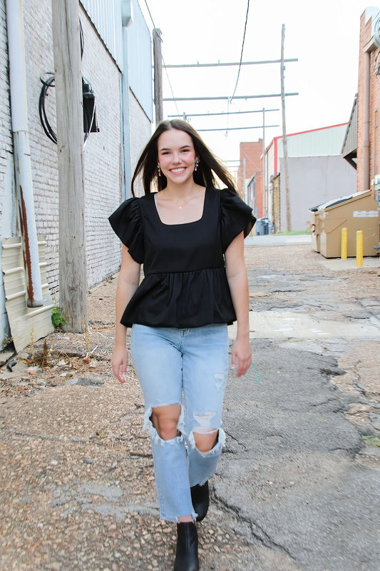 Textured Solid Square Neck Peplum Top w/ Ruffle Sleeves