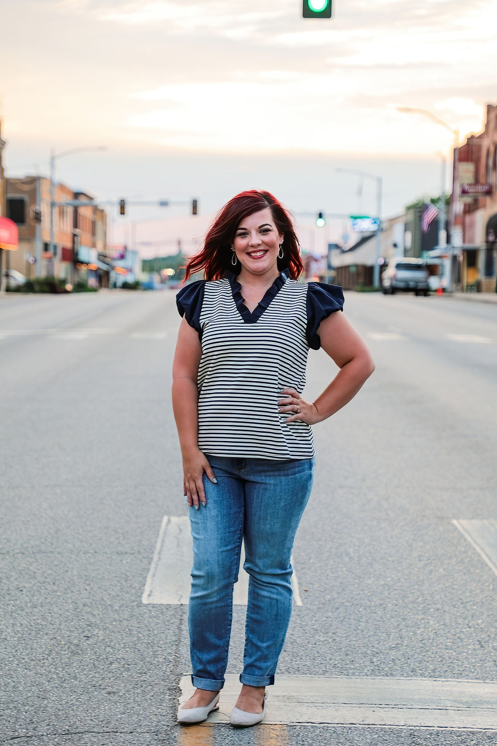 Striped Ruffle Sleeve Cap Sleeve Top