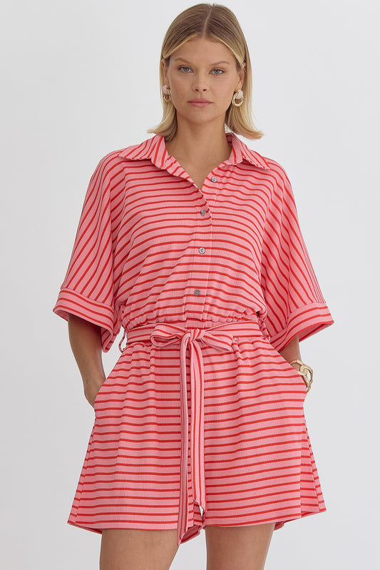 Textured Stripe Print Button Down Collared Half Sleeve Romper