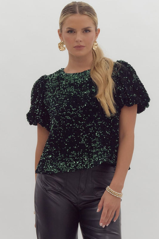 Sequin embellishments short bubble sleeve top w/ sequin bow closure at back