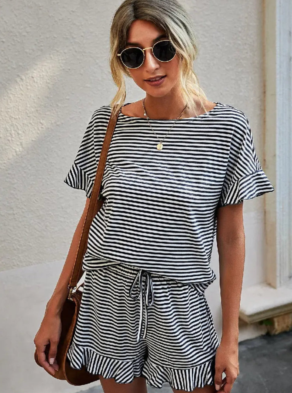 Grey stripe round Neck Striped Top Short Set