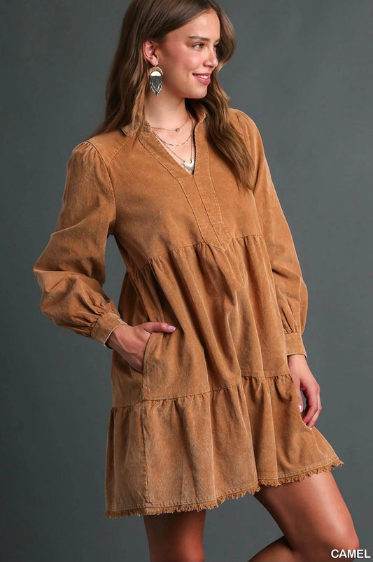 Mineral Wash Corduroy Tiered Dress w/ Fringe & Side Pockets