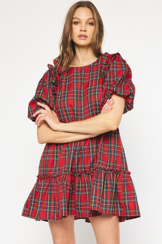 Plaid Short Sleeve Tiered Mini Dress w/ Ruffle Trim & Puff Sleeves