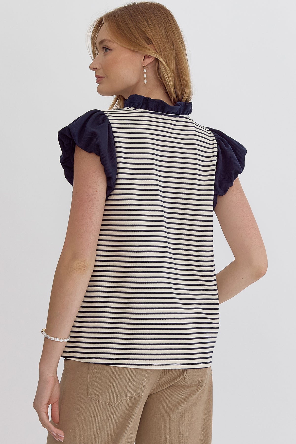 Striped Ruffle Sleeve Cap Sleeve Top