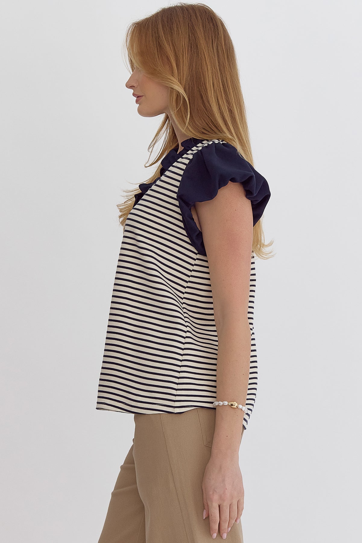 Striped Ruffle Sleeve Cap Sleeve Top