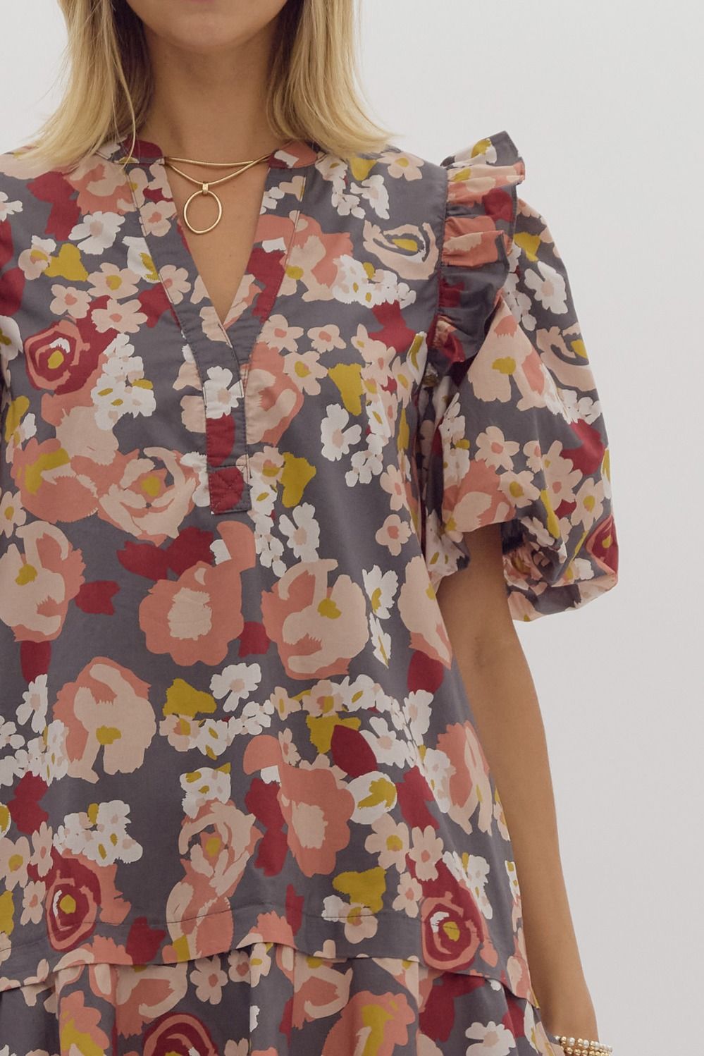 Floral Print Short Sleeve Puff Sleeve V Neck Mini Dress w/ Pockets and Ruffled Shoulder Trim