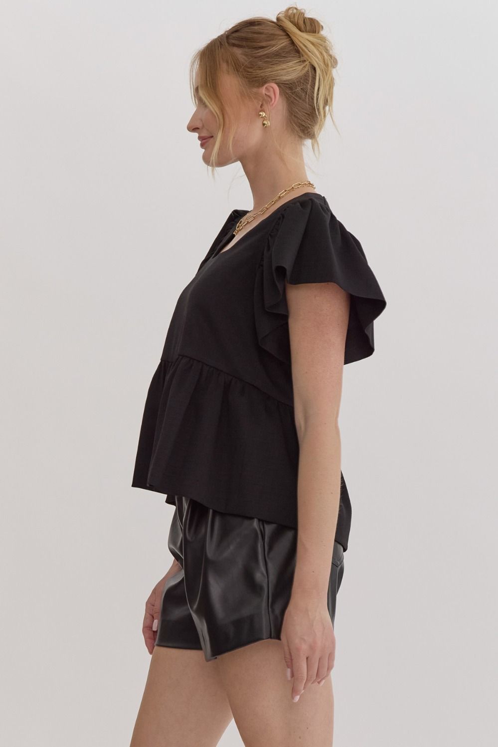 Textured Solid Square Neck Peplum Top w/ Ruffle Sleeves