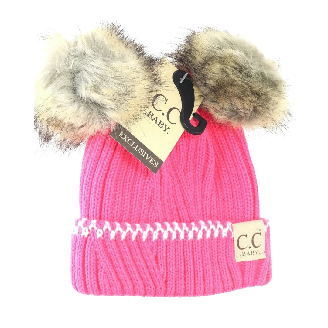 C.C Beanie Baby Solid Knit Double Fur Pom