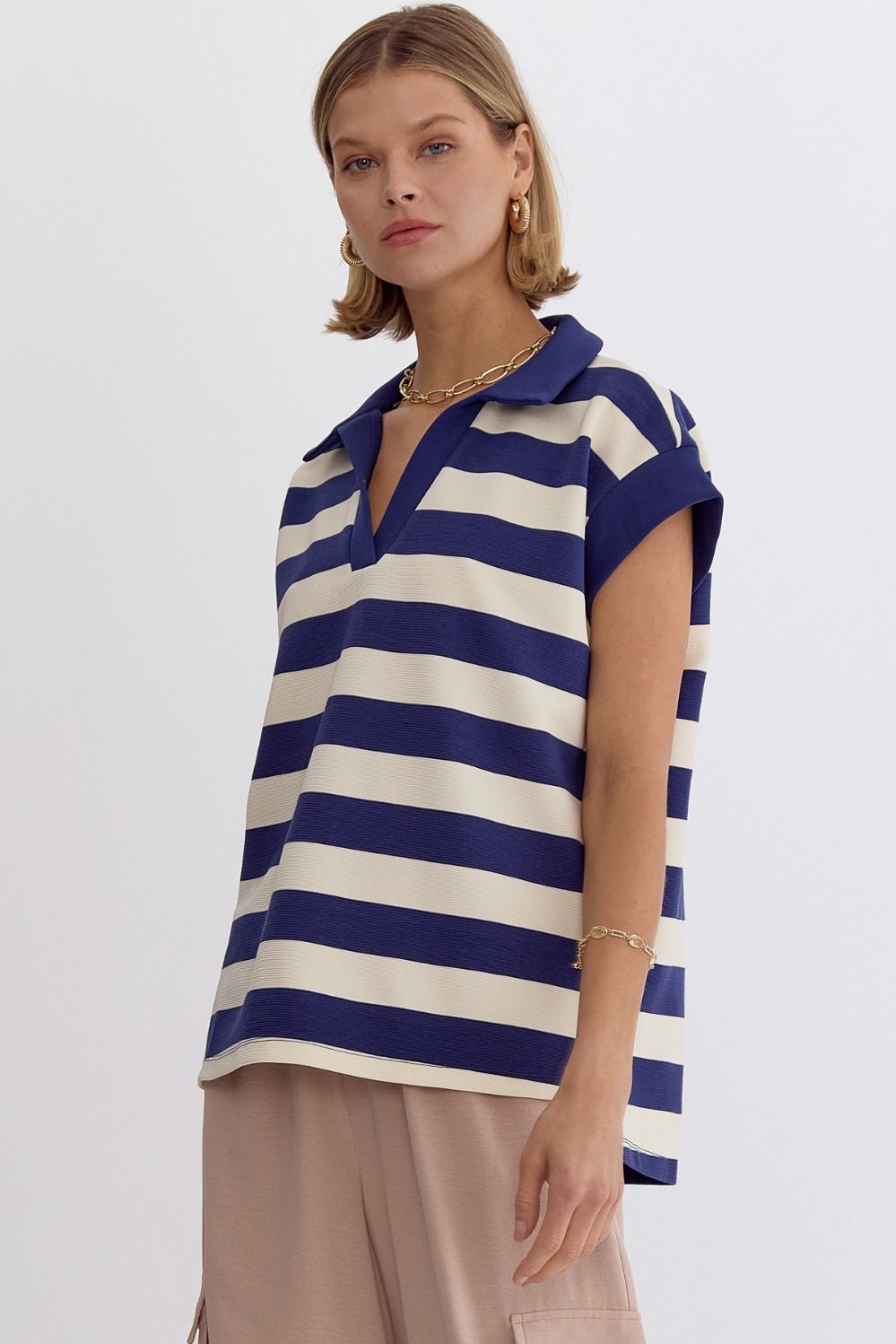 Navy striped collared cap sleeve v neck w/ slit at sides