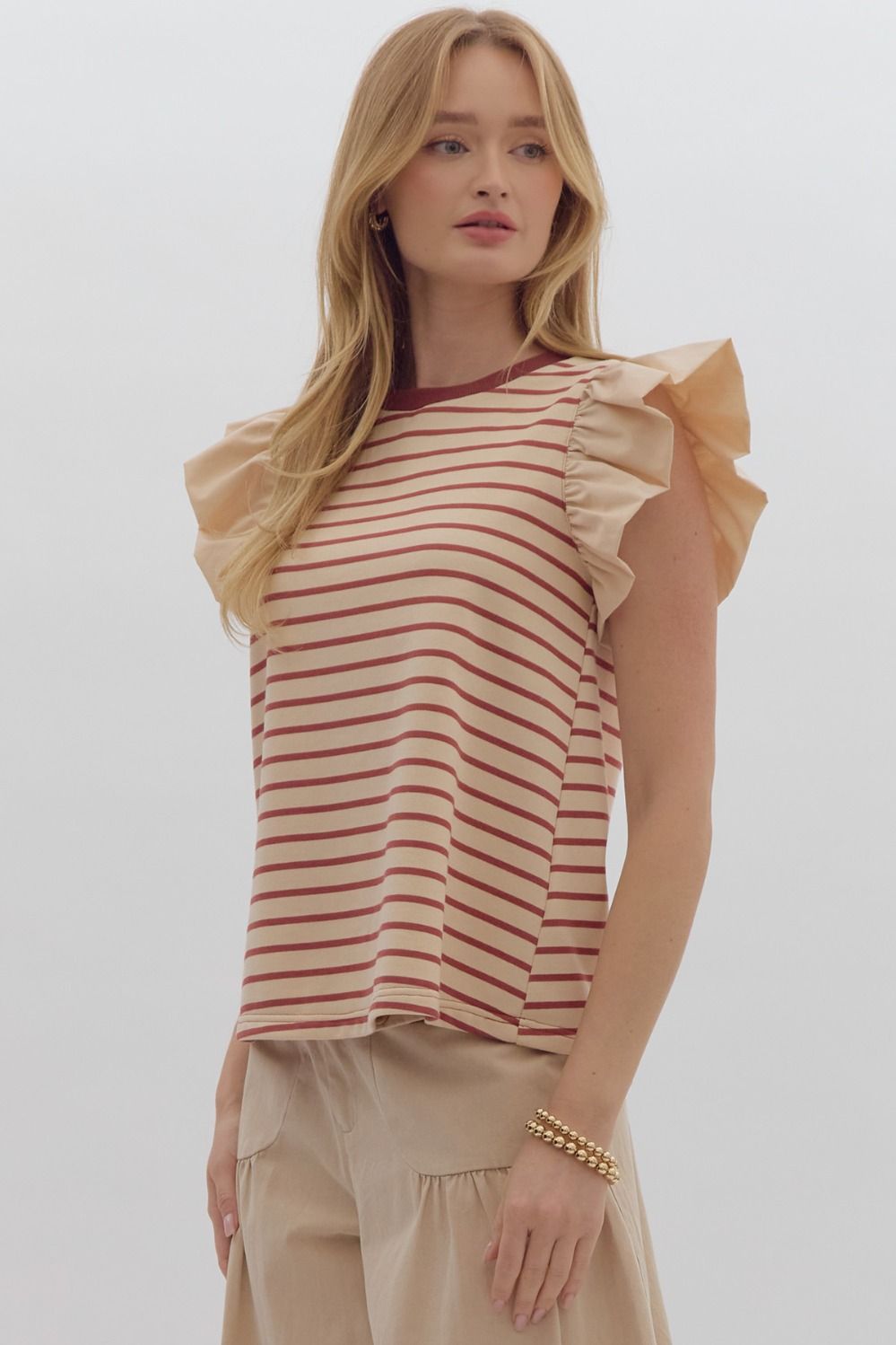 Striped round neck top w/ solid ruffle sleeves