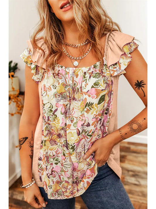 Floral Patchwork Square Neck Ruffle Sleeve Blouse