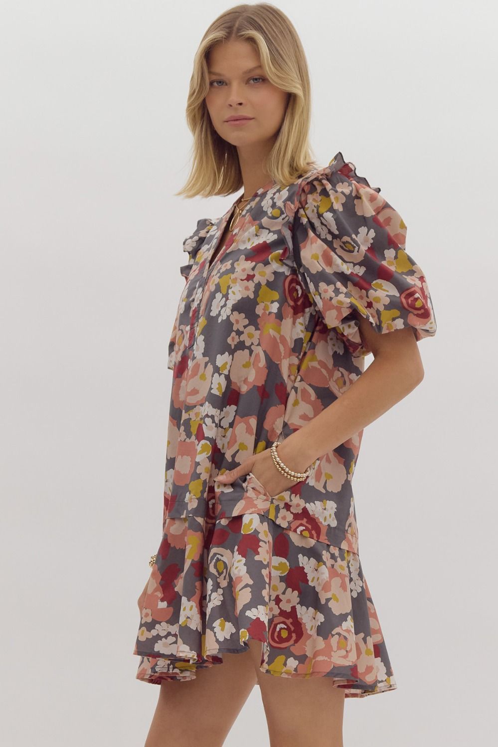 Floral Print Short Sleeve Puff Sleeve V Neck Mini Dress w/ Pockets and Ruffled Shoulder Trim