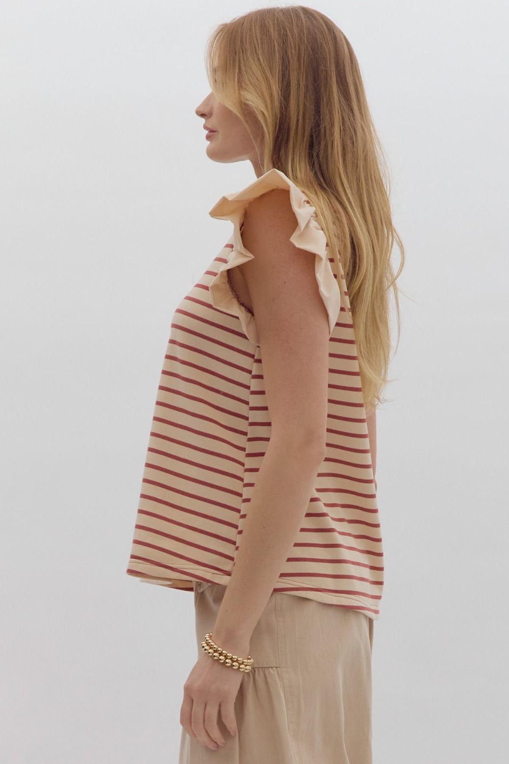 Striped round neck top w/ solid ruffle sleeves