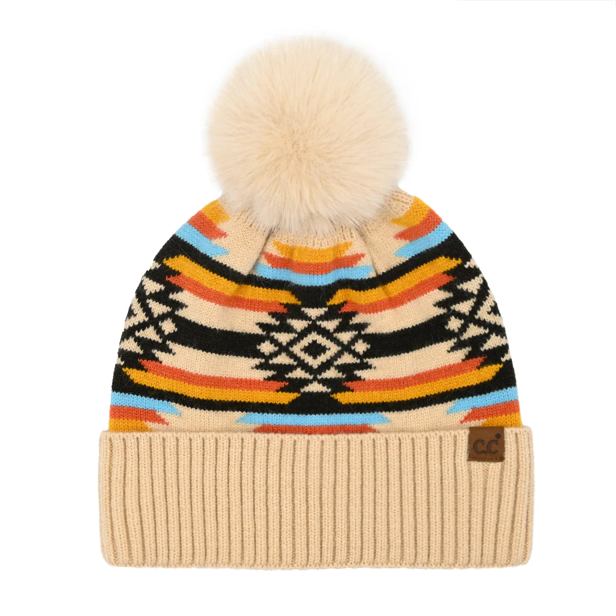 C.C Beanie Aztec Patterned Pom