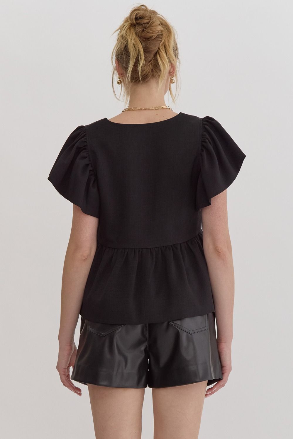 Textured Solid Square Neck Peplum Top w/ Ruffle Sleeves