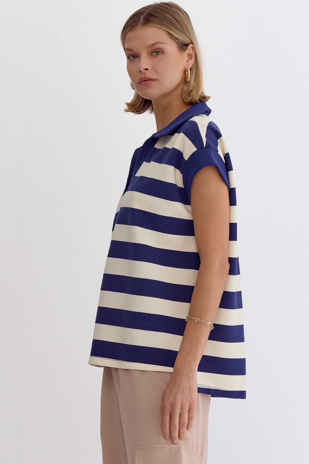 Navy striped collared cap sleeve v neck w/ slit at sides