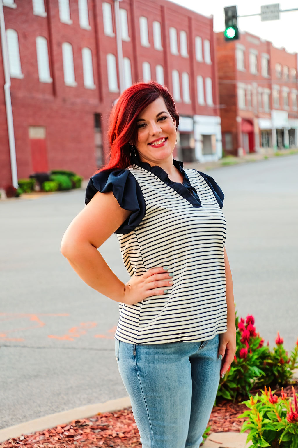 Striped Ruffle Sleeve Cap Sleeve Top