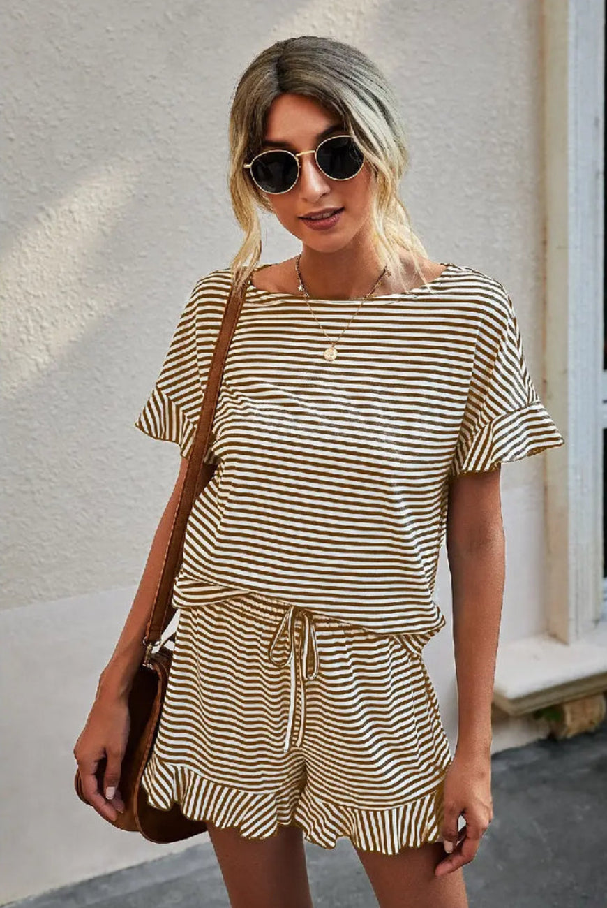 Khaki Round Neck Striped Top Short Set